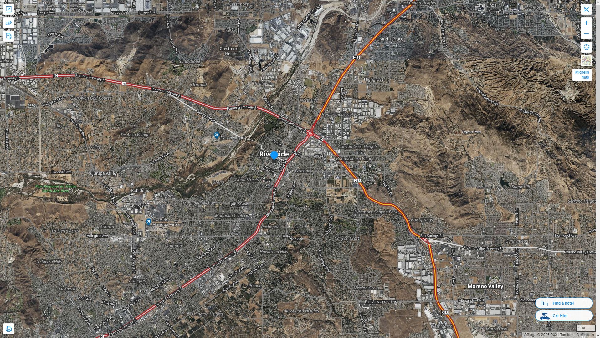 Riverside California Highway and Road Map with Satellite View